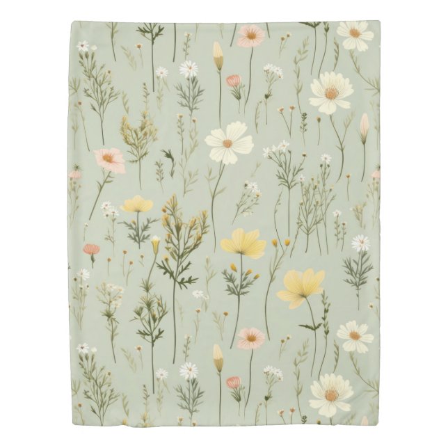 Pretty Wildflowers Sage Green Duvet Cover (Front)