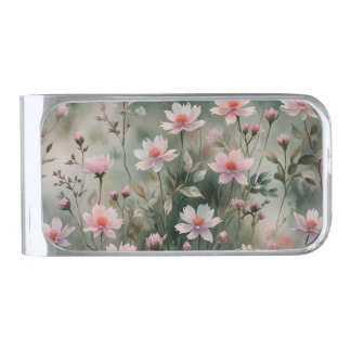 Pretty Wildflowers Silver Finish Money Clip