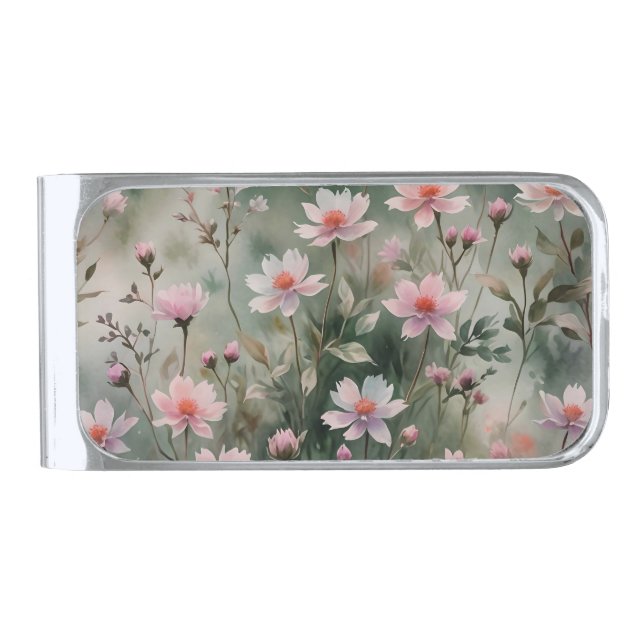 Pretty Wildflowers Silver Finish Money Clip (Front)