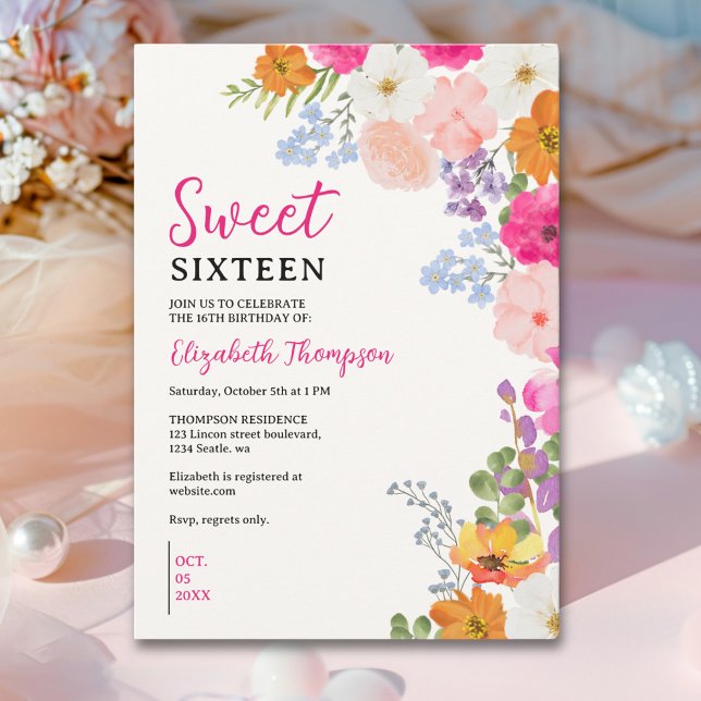 Pretty Wildflowers Sweet Sixteen Invitation (Creator Uploaded)