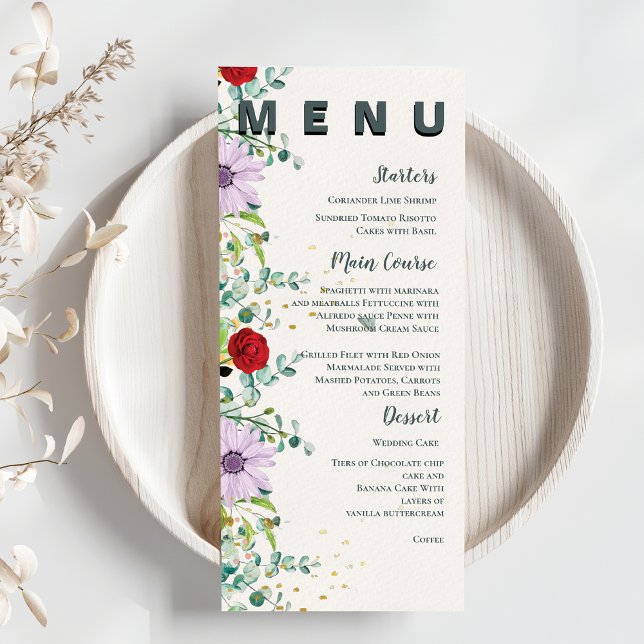 Pretty Wildflowers Watercolor Floral Wedding Party Menu (Pretty Wildflowers Watercolor Floral Wedding Party Menu)