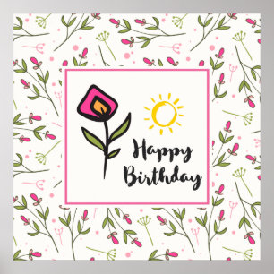 Pretty Wildlflowers and Sun Illustration Birthday Poster