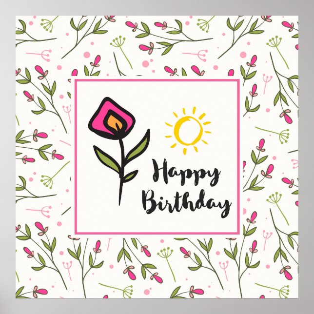 Pretty Wildlflowers and Sun Illustration Birthday Poster (Front)
