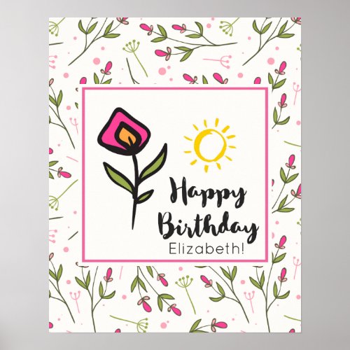 Pretty Wildlflowers and Sun Illustration Birthday Poster