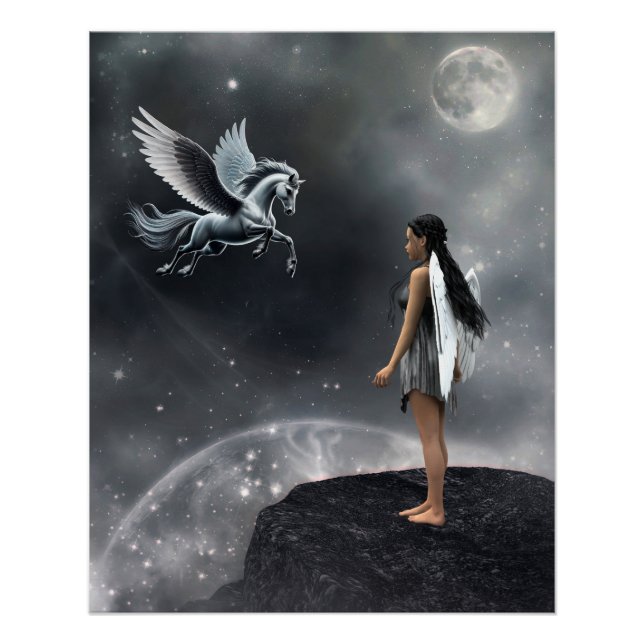 Pretty Winged Fairy and Flying Horse Poster (Front)