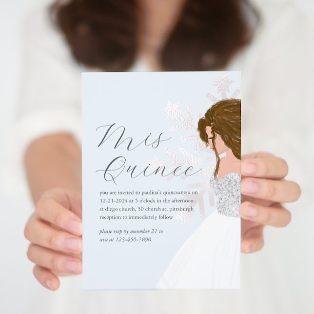Pretty Winter Blue Snowflake Dark Hair Mis Quince Invitation (Creator Uploaded)