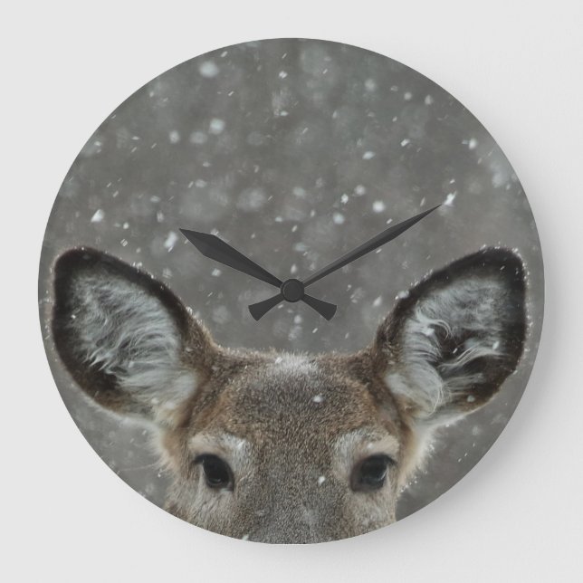 Pretty Winter Deer In Snowfall Large Clock (Front)