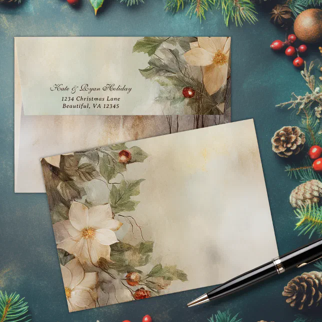 Pretty Winter Flowers and Berries Christmas Envelope