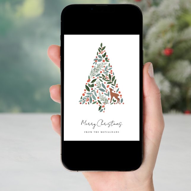 Pretty Winter Foliage Christmas Tree | Little Deer Holiday Card (Front Digital)