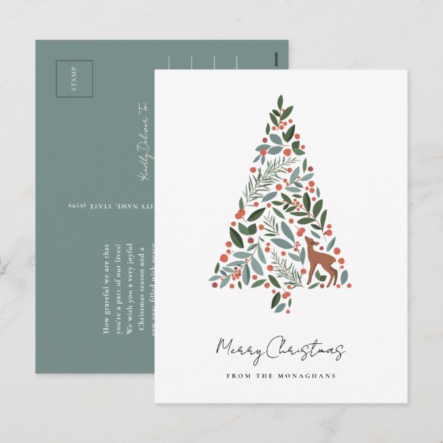 Pretty Winter Foliage Christmas Tree | Little Deer Holiday Postcard (Front/Back)
