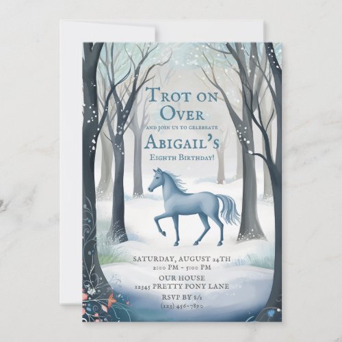 Pretty Winter Forest Horse Light Ice Blue Birthday Invitation