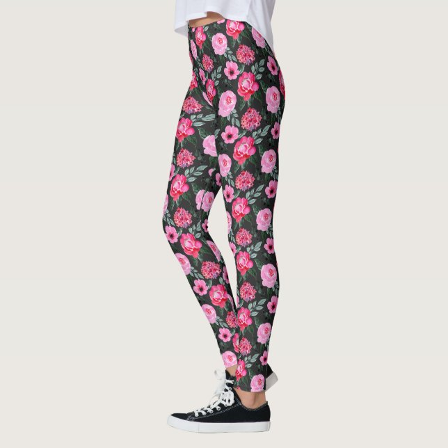 Pretty Winter Gray Pink Floral Watercolor Pattern Leggings (Left)