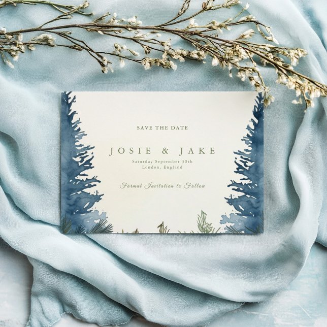 Pretty winter green pine trees save the date (Winter blue and green pine trees mountain view Save the date)
