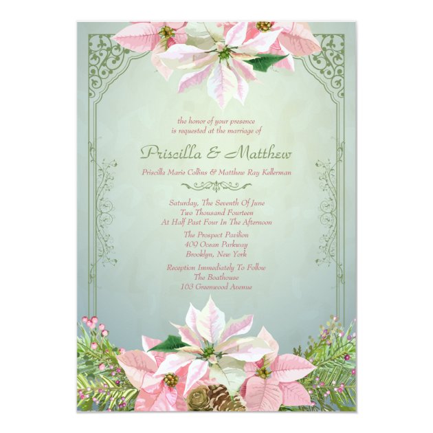 Pretty Winter Pine & Poinsettia, Floral Wedding Invitation