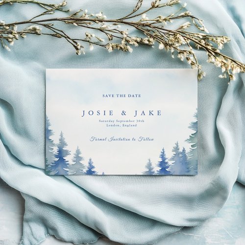 Pretty winter pine trees wedding save the date