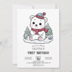 Pretty Winter Polar Bear 1st Birthday Digital Invitation