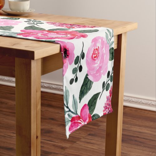 Pretty Winter Red Pink Floral Watercolor Pattern Short Table Runner