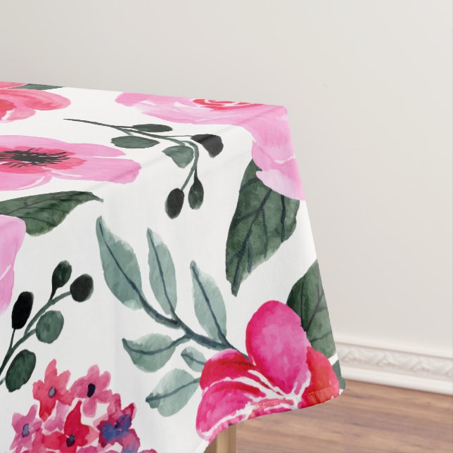 Pretty Winter Red Pink Floral Watercolor Pattern Tablecloth (In Situ)