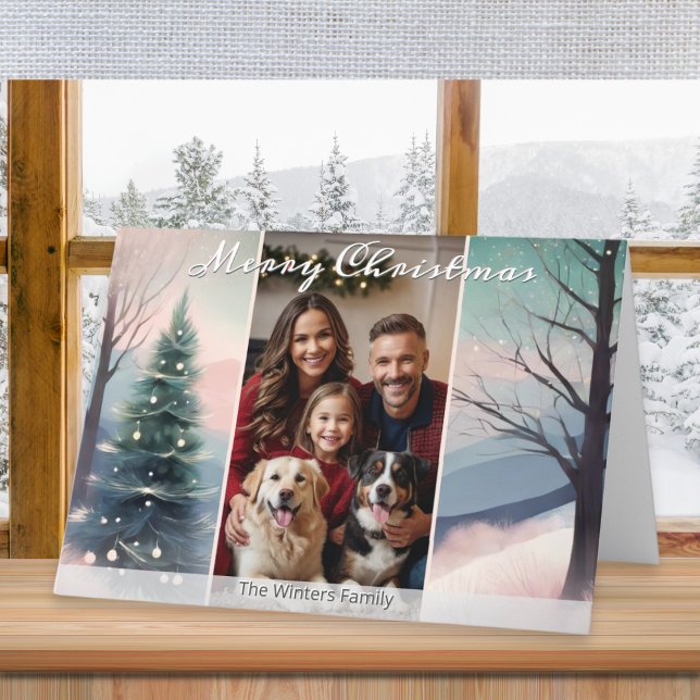 Pretty Winter Scene Elegant Watercolor 1 Photo  Holiday Card (A festive card with 'Merry Christmas' greeting and winter scene. Add your own photo and name(s))