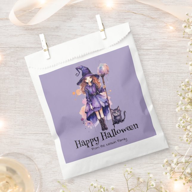 Pretty Witch and Black Cat Happy Halloween Favor Bag (Clipped)