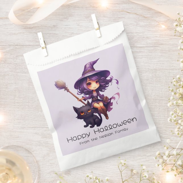 Pretty Witch and Black Cat Happy Halloween Favor Bag (Clipped)