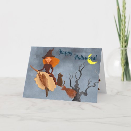 Pretty Witch and Cat on Broom Halloween Card