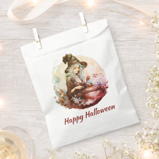 Pretty Witch and Cauldron Happy Halloween Favor Bag (Clipped)