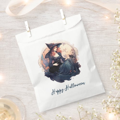 Pretty Witch and Cute Black Cat Happy Halloween Favor Bag