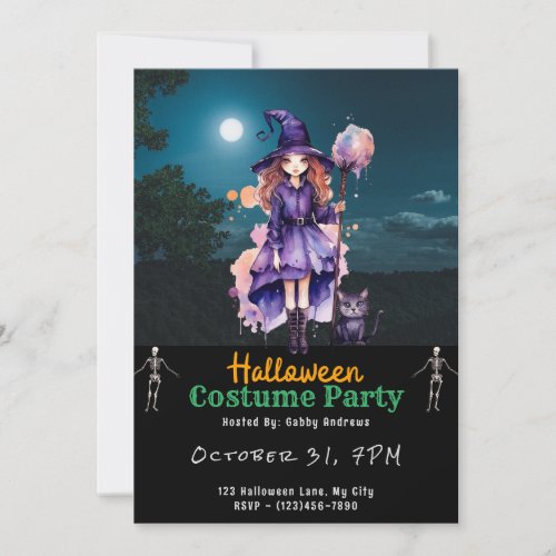 Pretty Witch Black Cat Full Moon Black Halloween Invitation