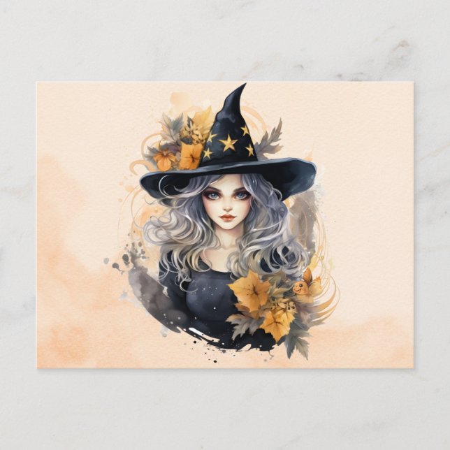 Pretty Witch Black Hat Stars Gold Halloween Holiday Postcard (Front)