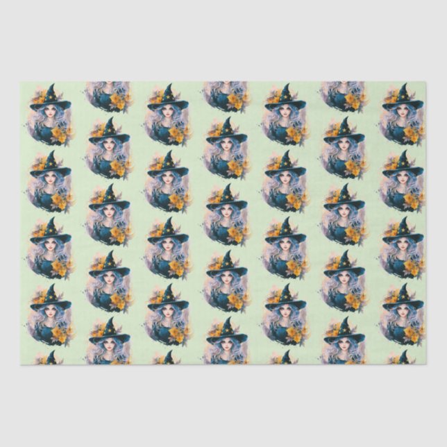 Pretty Witch Black Hat Stars Pattern Halloween Tissue Paper (Front)