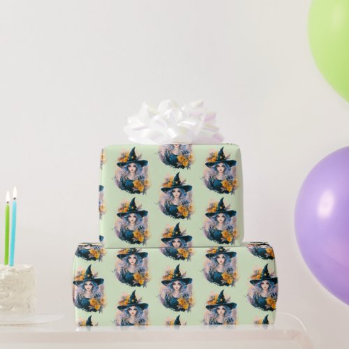 Pretty Witch Black Hat Stars Pattern Halloween Wrapping Paper