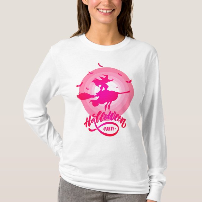 Pretty Witch Flying Broom against Full Moon  T-Shirt (Front)