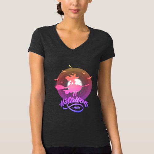 Pretty Witch Flying Broom against Full Moon T_Shirt