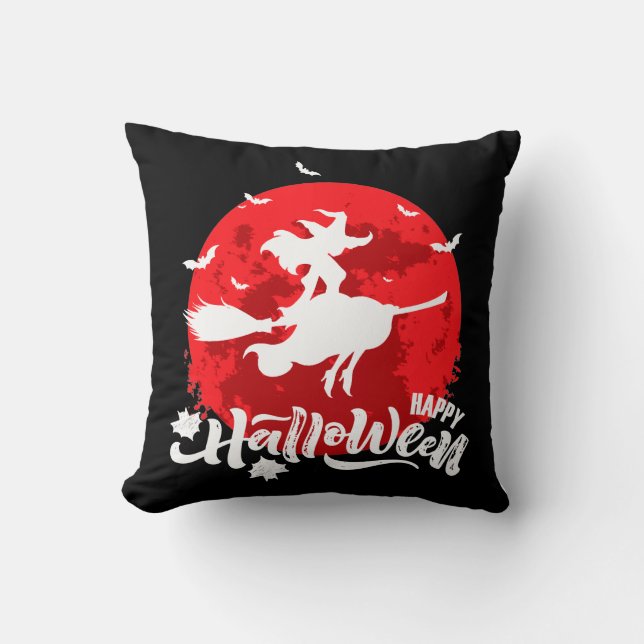 Pretty Witch Flying Broom against Full Red Moon Throw Pillow (Front)
