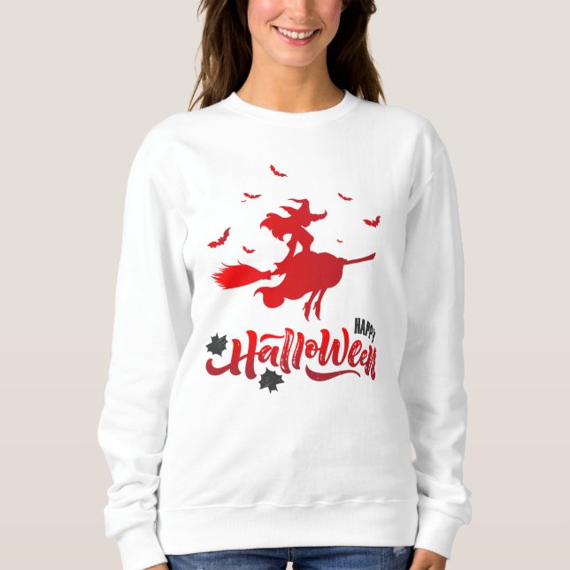 Pretty Witch Flying Broom Happy Halloween Sweatshirt (Front)