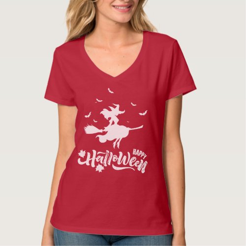 Pretty Witch Flying Broom Happy Halloween  T_Shirt