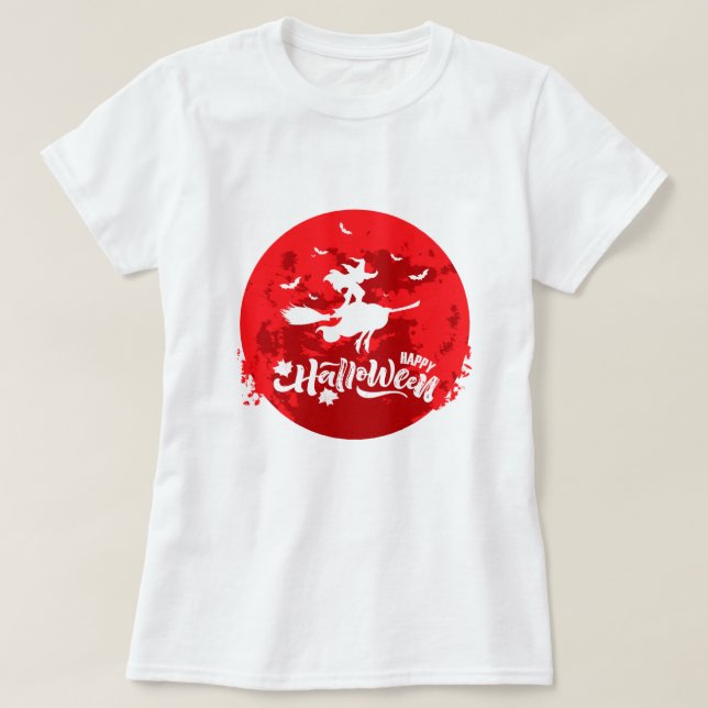 Pretty Witch Flying Broom in Red Night T-Shirt (Design Front)