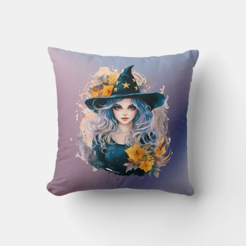 Pretty Witch Hat Stars Blue Purple Halloween Throw Pillow