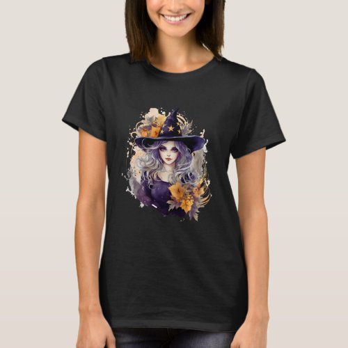 Pretty Witch Hat with Stars Leaves Black Halloween T_Shirt