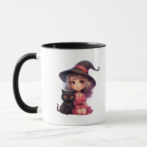 Pretty Witch With a Black Cat Halloween Mug