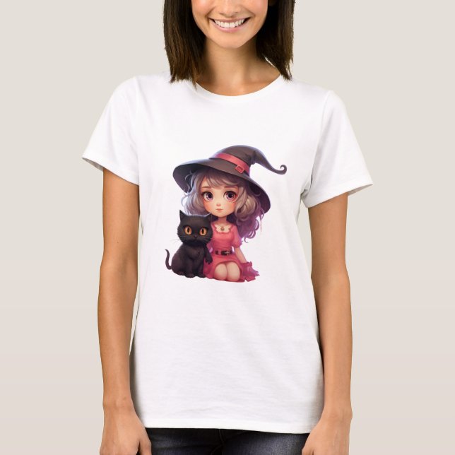 Pretty Witch With a Black Cat Halloween T-Shirt (Front)