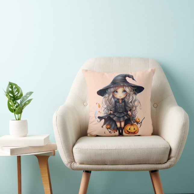 Pretty Witch with Blonde Hair Orange Halloween Throw Pillow (Chair)
