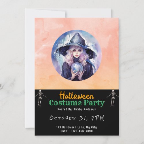 Pretty Witch with Crystal Ball Black Halloween Invitation