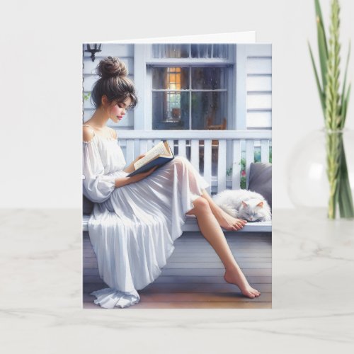 Pretty Woman and Cat On Porch Swing Card