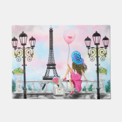 Pretty Woman and Pink Heart Balloon _ I Love Paris Doormat
