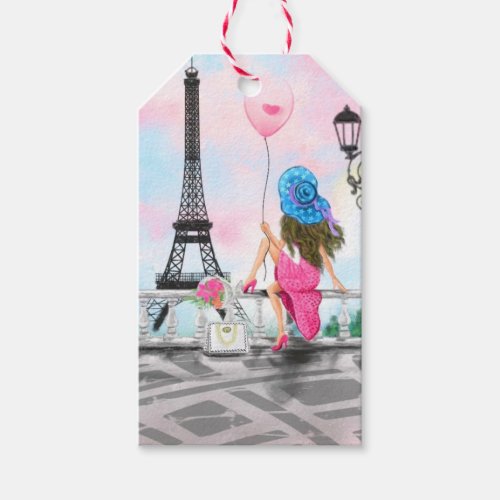 Pretty Woman and Pink Heart Balloon _ I Love Paris Gift Tags