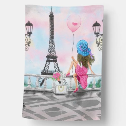 Pretty Woman and Pink Heart Balloon _ I Love Paris House Flag