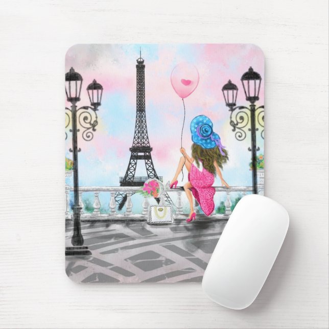 Pretty Woman and Pink Heart Balloon - I Love Paris Mouse Pad (With Mouse)