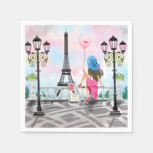 Pretty Woman and Pink Heart Balloon _ I Love Paris Napkins